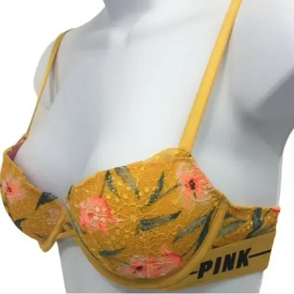 Victoria's Secret PINK Date Push Up Padded Yellow Floral Bra 34C - Picture 1 of 10